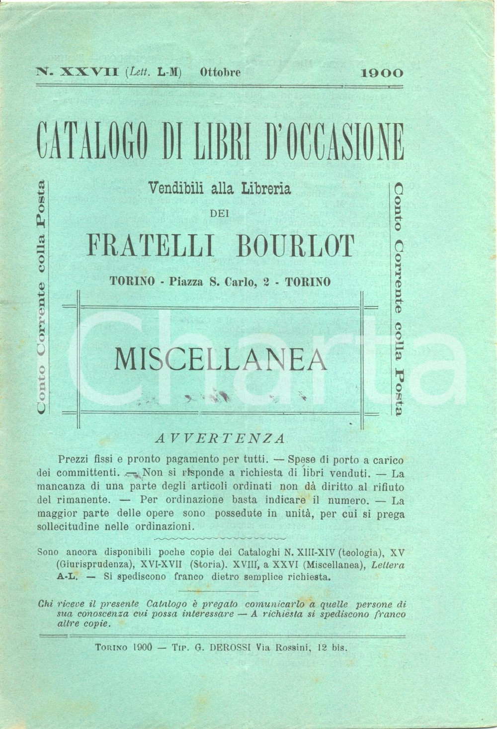 Libro, pubblicazione d epoca 1900 Ottobre TORINO Libreria FRATELLI BOURLOT nÂ° XXVII Occasioni Miscellanea 1