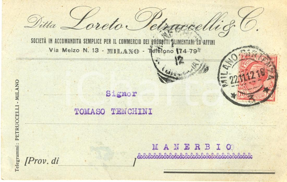 Cartolina originale da collezione 1912 MILANO Ditta Loreto Petruccelli & C. Prodotti alimentari Cartolina FP VG 1