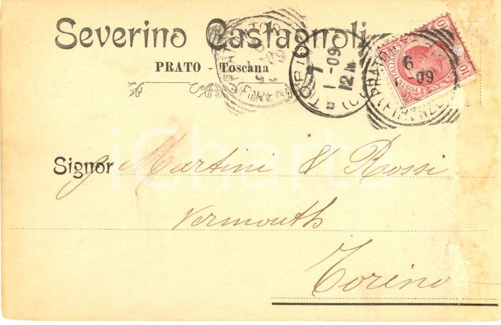 Cartolina originale da collezione 1909 PRATO PO Severino CASTAGNOLI Comunicazioni commerciali  Cartolina FP VG 1