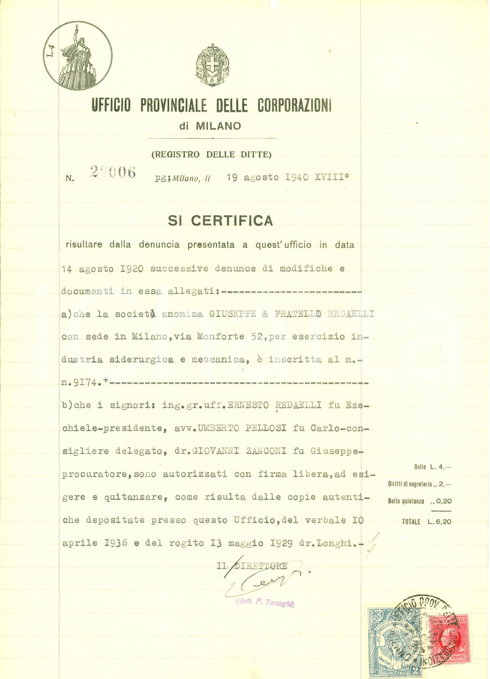 Documento originale, autentico 1940 MILANO Ernesto REDAELLI Umberto PELLOSI amministrano azienda Documento 1
