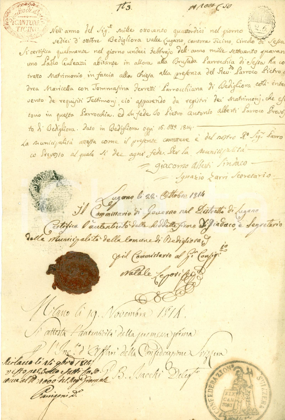 Documento originale, autentico 1814 BEDIGLIORA CH Paolo GALEAZZI sposÃ² Tommasina FERRETTI Documento 1