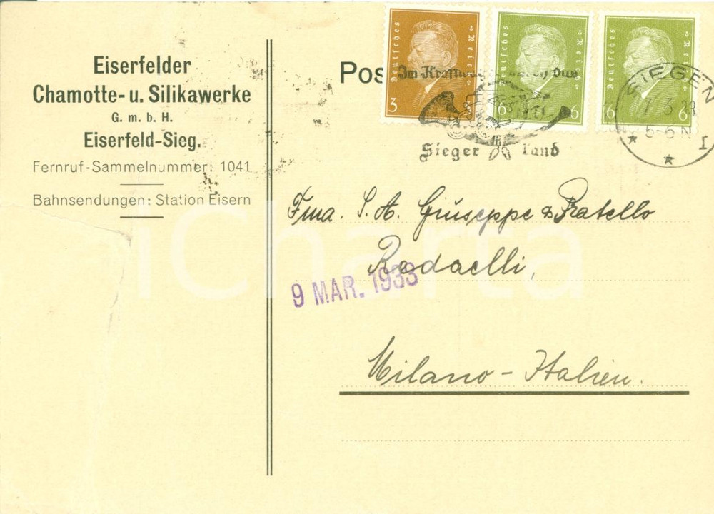 Cartolina originale da collezione 1933 EISERFELD DE Eiserfelder Chamotte und Silikawerke Cartolina DANNEGGIATA 1