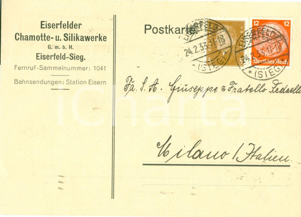 Cartolina originale da collezione 1933 EISERFELD DE Eiserfelder Chamotte und Silikawerke Cartolina FG VG 1