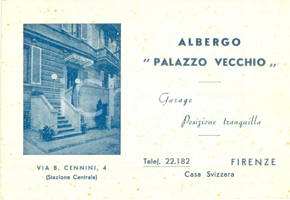 Materiale pubblicitario d’epoca 1920 ca FIRENZE Albergo PALAZZO VECCHIO Biglietto pubblicitario 1