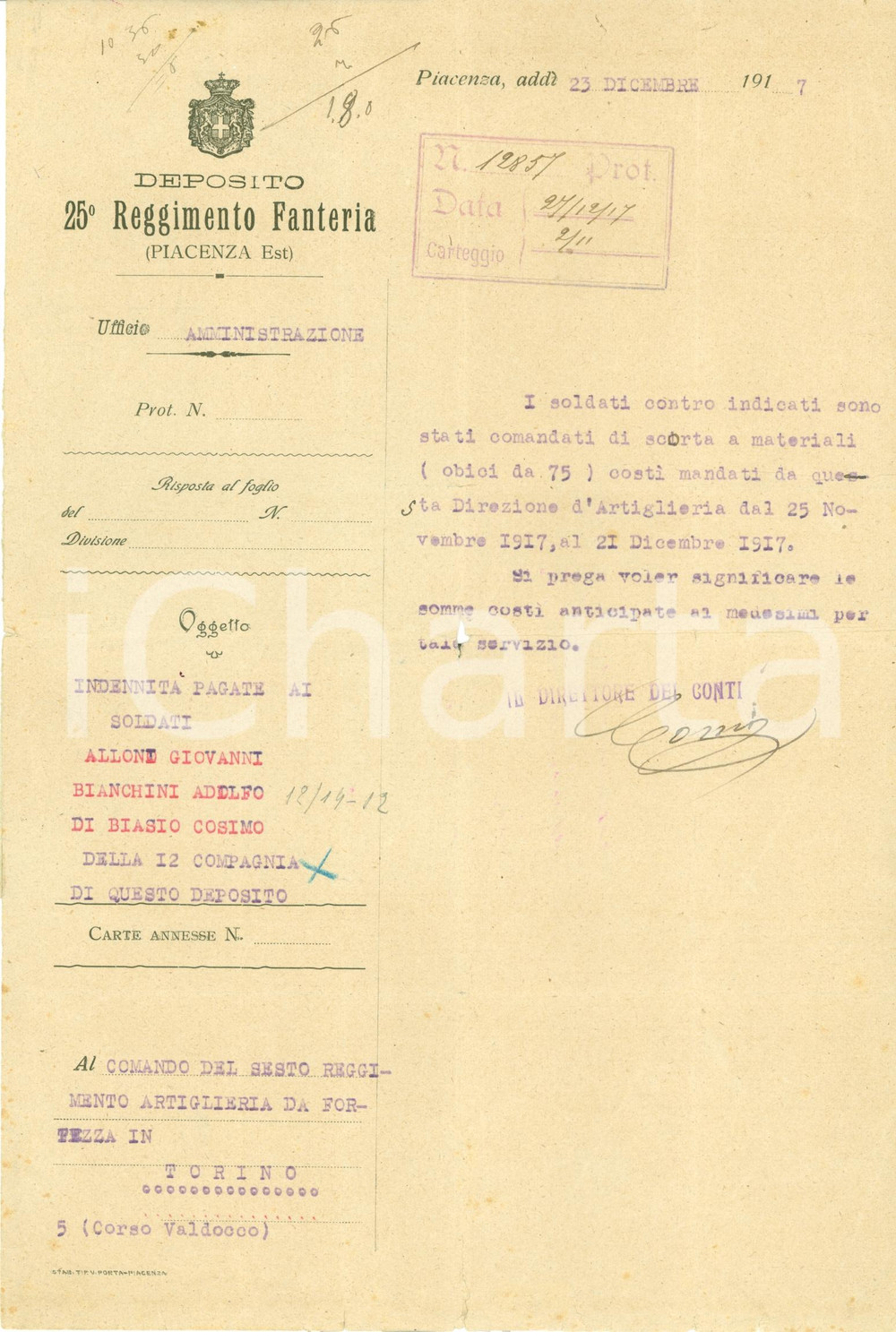 Documento originale, autentico 1917 PIACENZA EST WWI 25Â° Reggimento Fanteria Giovanni ALLONI Adolfo BIANCHINI 1