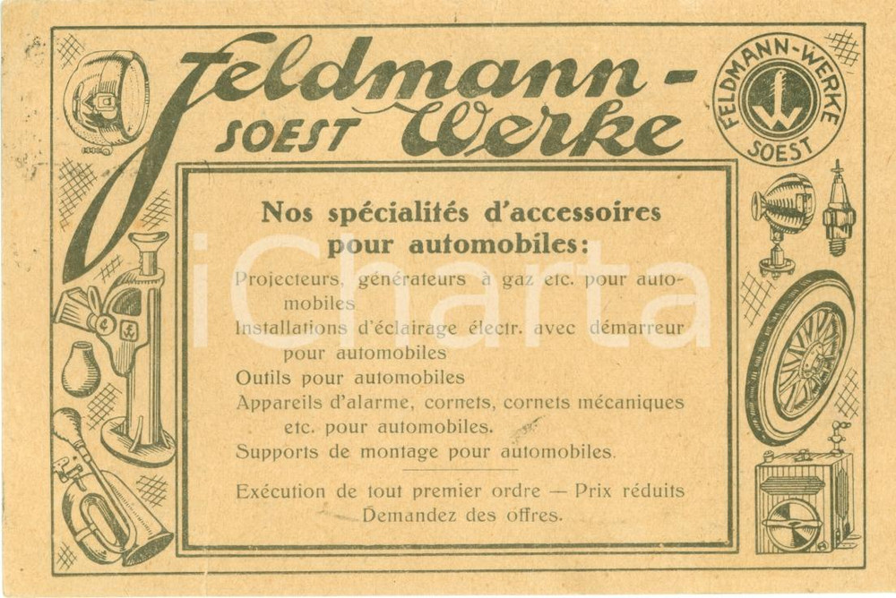 Cartolina originale da collezione 1925 SOEST DE Accessoires automobiles FELDMANNWERKE Cartolina FP VG 1