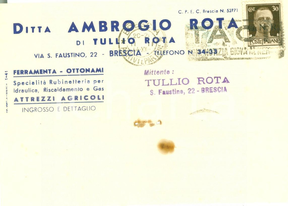Documento originale, autentico 1944 BRESCIA RSI Ditta Ambrogio ROTA passa sotto controllo tedesco Cartolina FG 1