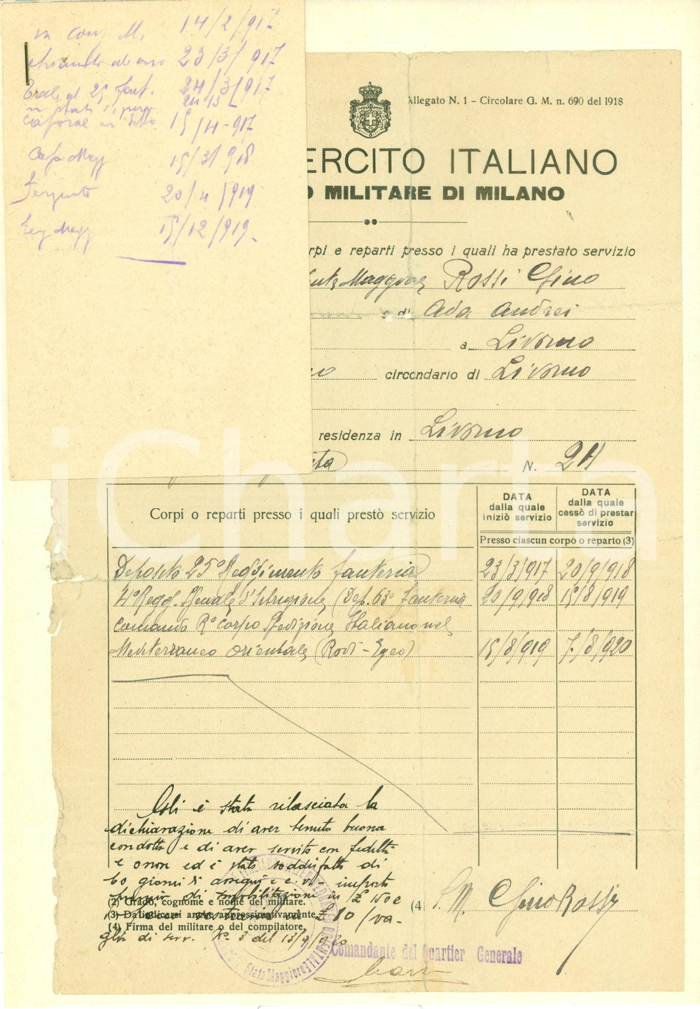 Documento originale, autentico 1920 MILANO Gino ROSSI ha servito con fedeltÃ  e onore Stato servizio Documento 1