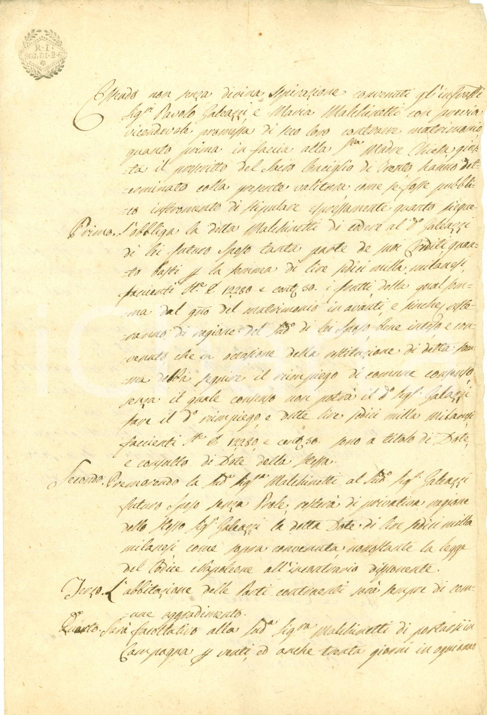 Documento originale, autentico 1809 MILANO Matrimonio Paolo GALEAZZI Maria MALCHINETTI Documento 1
