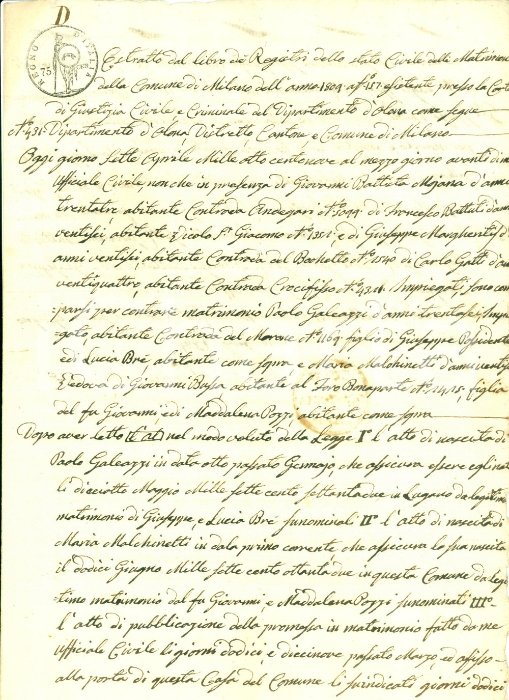 Documento originale, autentico 1809 MILANO Paolo GALEAZZI Maria MALCHINETTI sono uniti in matrimonio Documento 1