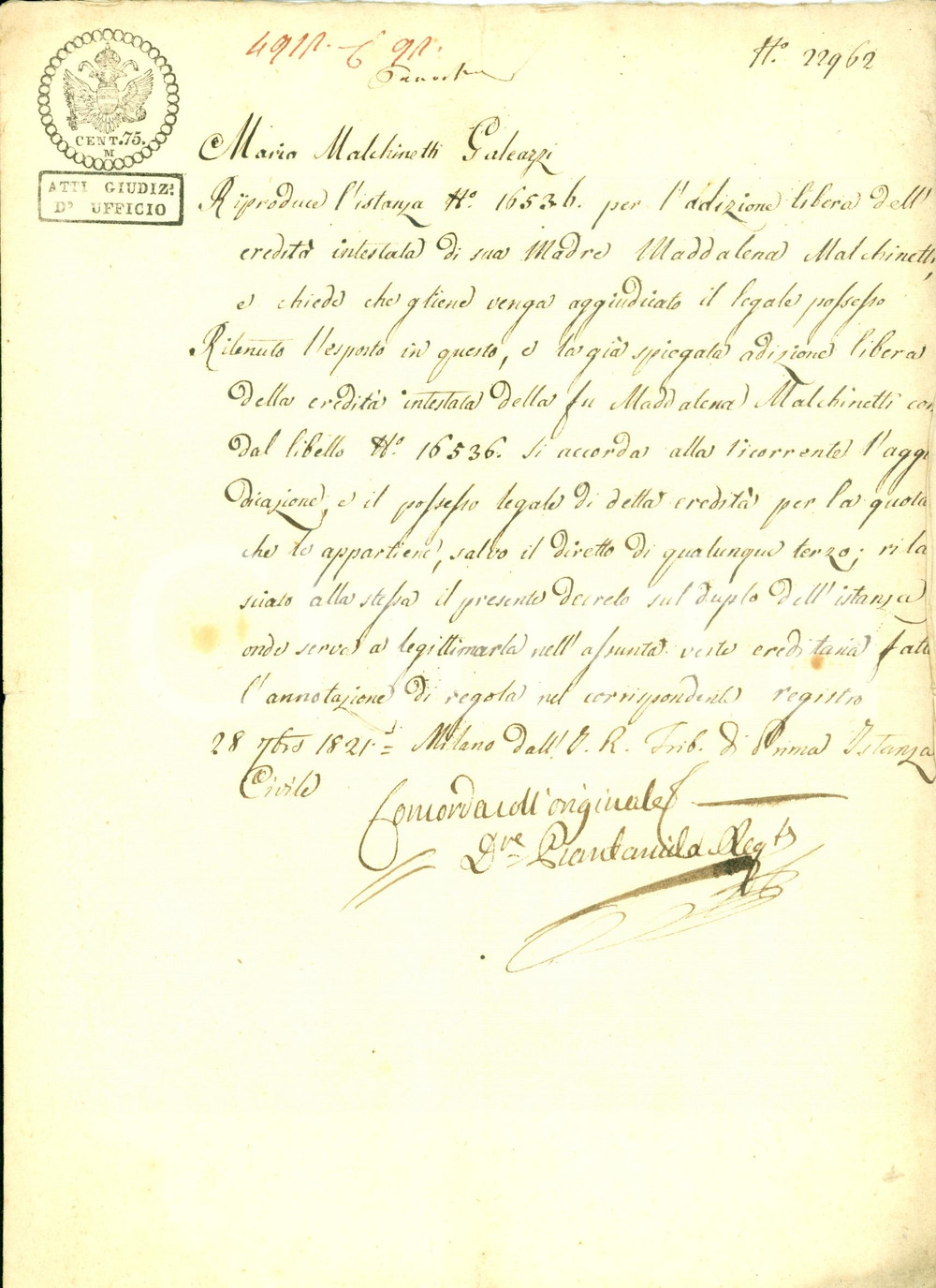 Documento originale, autentico 1821 MILANO Mario MALCHINETTI GALEAZZI vuole ereditÃ  madre Maddalena Documento 1