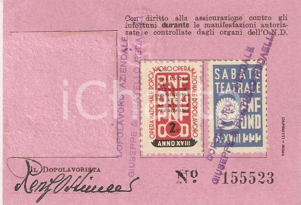 Documento originale, autentico 1939 MILANO Dopolavoro aziendale Giuseppe REDAELLI Tessera Renzo OSTINELLI 1