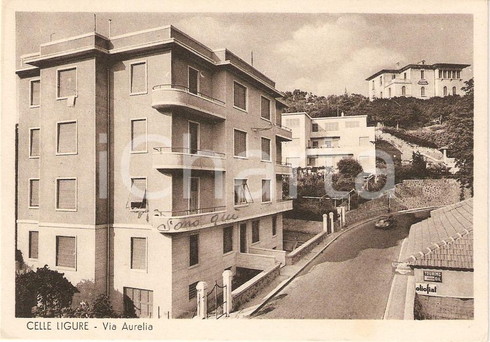 Cartolina originale da collezione 1950 CELLE LIGURE SV Panorama VIA AURELIA Pubblicità OLIO FIAT Cartolina FG VG 1