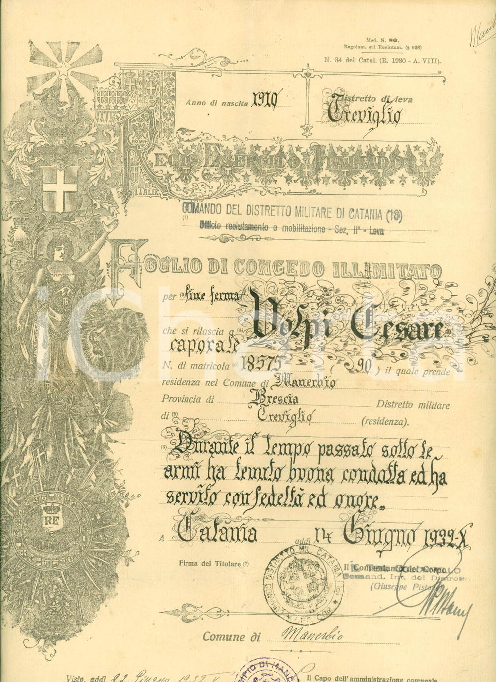 Documento originale, autentico 1932 MANERBIO BS Caporale Cesare VOLPI congedo illimitato Documento 1