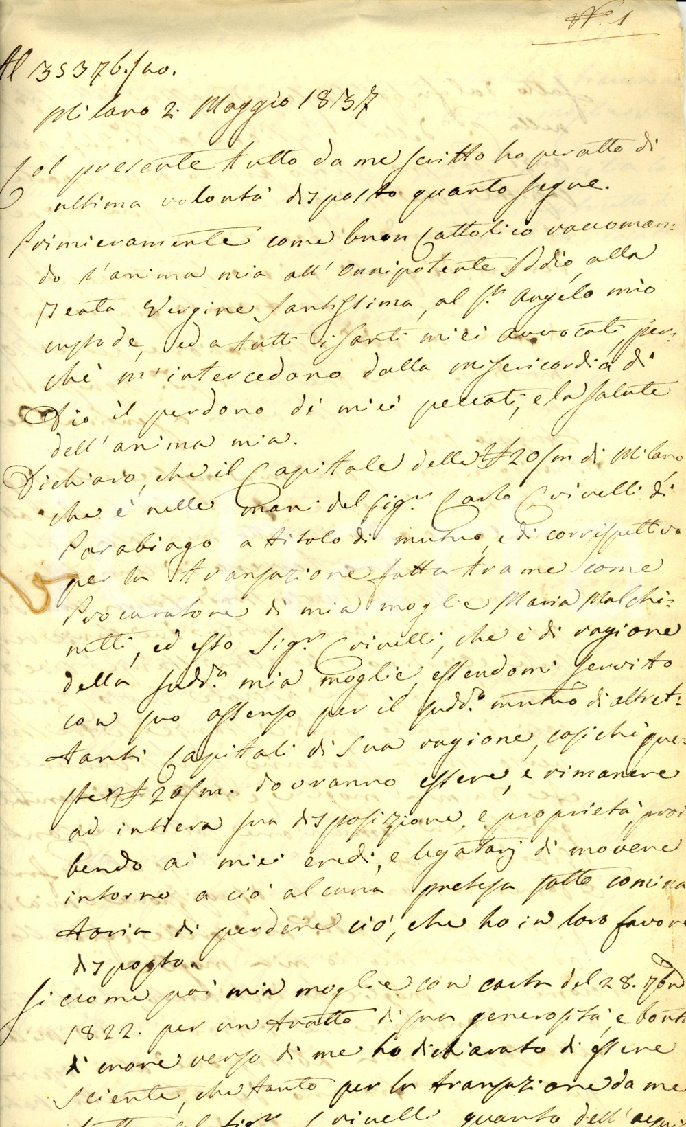 Documento originale, autentico 1837 MILANO Paolo GALEAZZI lascia casa a moglie Maria MALCHINETTI Testamento 1