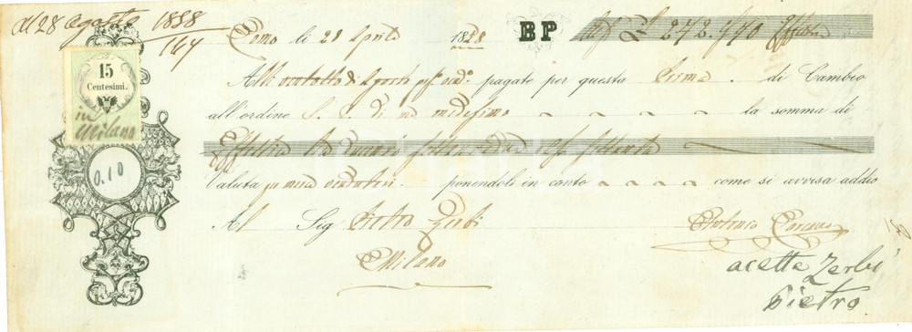 Documento originale, autentico 1858 COMO Cambiale Antonio CARCANO per Pietro ZERBI Documento 1