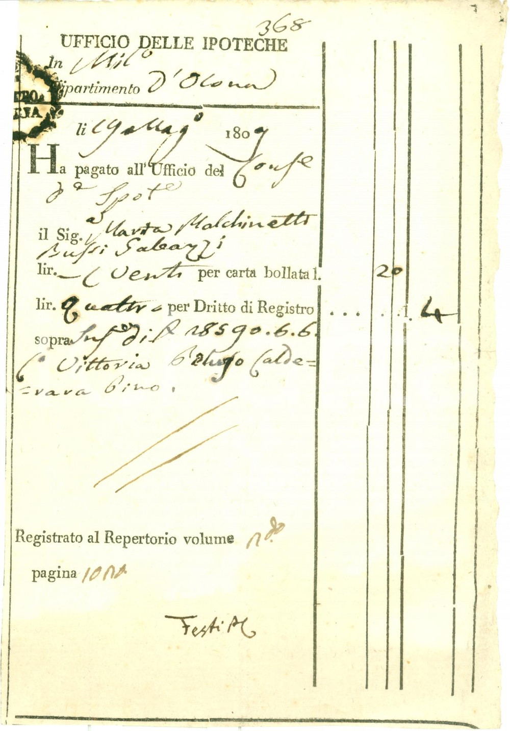 Documento originale, autentico 1809 MILANO Maria MALCHINETTI BUSSI GALEAZZI interessi Vittoria PELUSO CALDERARA 1