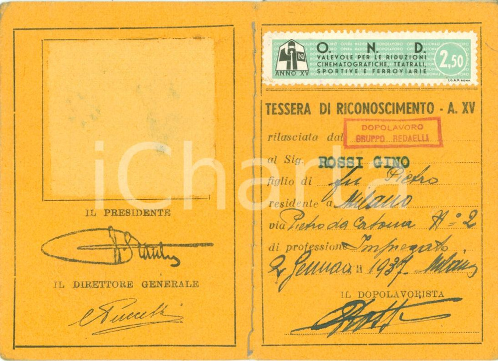 Documento originale, autentico 1937 MILANO Opera Nazionale Dopolavoro Tessera con riduzioni cinematografiche 1