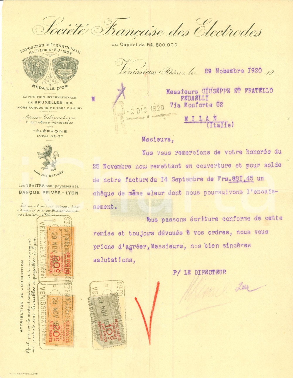Documento originale, autentico 1920 VENISSIEUX F SociÃ©tÃ© FranÃ§aise des Electrodes Lettera commerciale 1