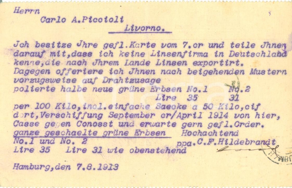 Cartolina originale da collezione 1913 HAMBURG DE Piselli invece di lenticchie per Carlo PICCIOLI Cartolina VG 1