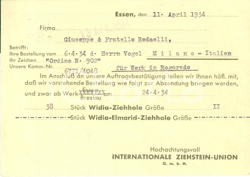 Cartolina originale da collezione 1934 ESSEN DE Internationale ZiehsteinUnione conferma ordine WIDIA Cartolina 1