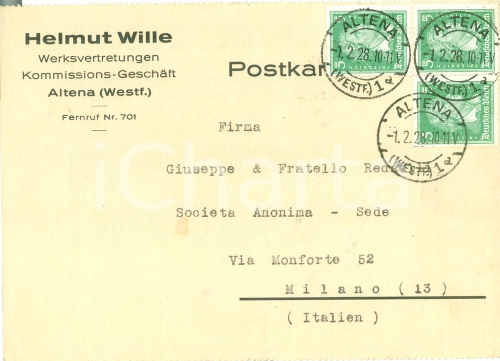 Cartolina originale da collezione 1928 ALTENA DE Helmut WILLE Werksvertretungen Kommissionsgeschäft  Cartolina 1