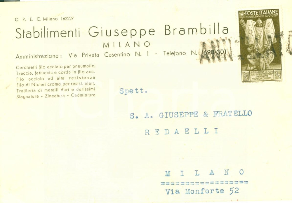 Cartolina originale da collezione 1938 MILANO Via Casentino 1 Stabilimenti Giuseppe BRAMBILLA filo d acciaio 1