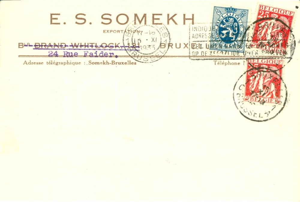 Cartolina originale da collezione 1933 BRUXELLES Ditta E.S. SOMEKH Exportation Cartolina commerciale FG VG 1