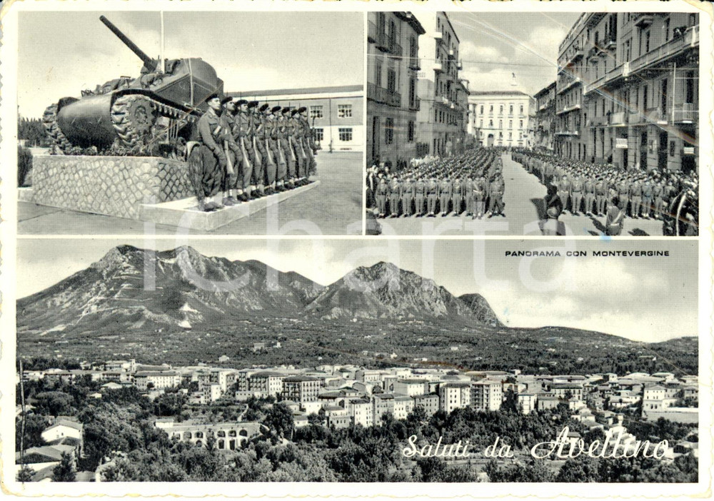 Cartolina originale da collezione 1958 AVELLINO Vedutine con truppe corazzate CAR e MONTEVERGINE DANNEGGIATA FG VG 1