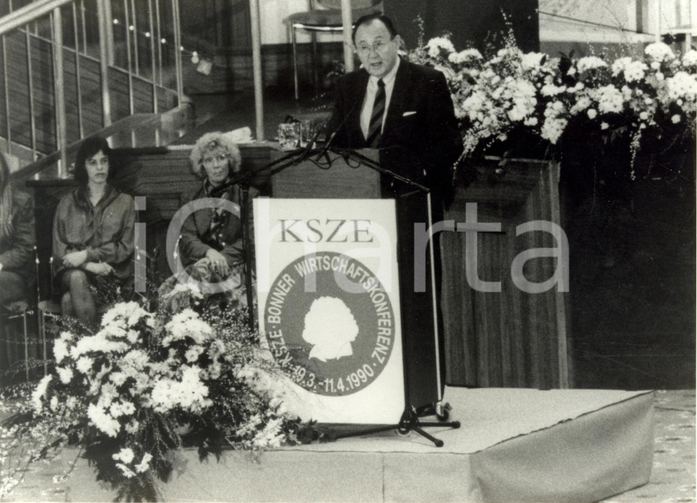 Fotografia d epoca originale 1990 BONN D HansDietrich GENSCHER conferenza Sicurezza Cooperazione EUROPA Foto 1