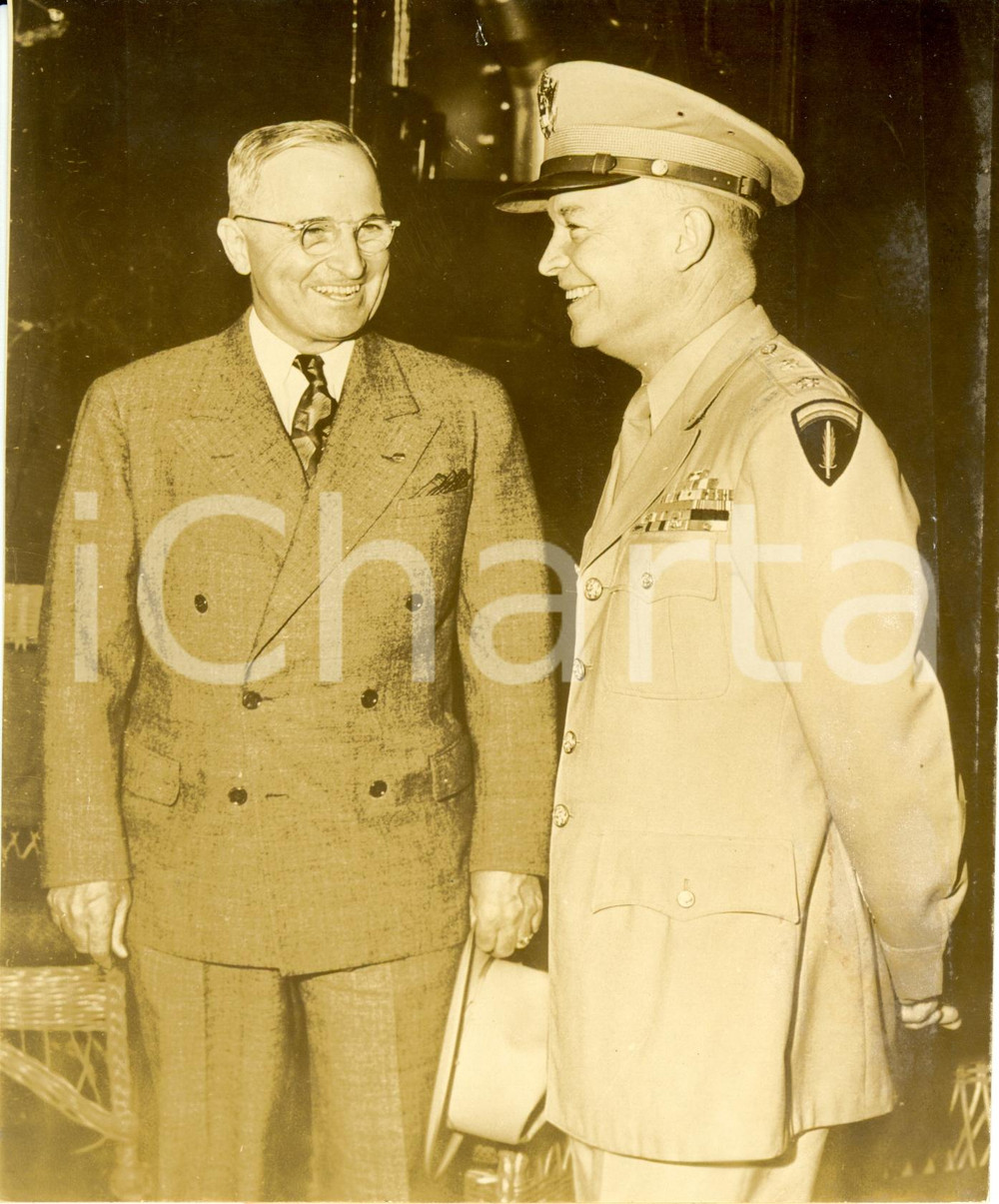 Fotografia d epoca originale 1945 ANVERSA BELGIO Harry TRUMAN incontra il generale Dwight EISENHOWER Foto 1