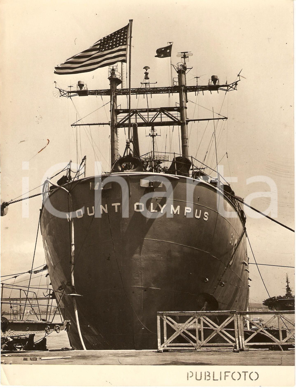 Fotografia d epoca originale 1952 NAPOLI Marina da guerra USS MOUNT OLYMPUS AGC8 Fotografia 1