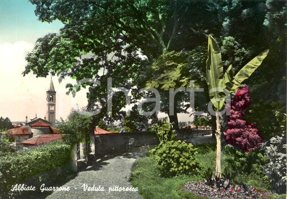 Cartolina originale da collezione 1957 ABBIATE GUAZZONE VA Veduta da giardino e CAMPANILECartolina postale FG 1