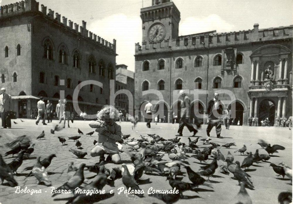 Cartolina originale da collezione 1954 BOLOGNA Piazza Maggiore e Palazzo Comunale Cartolina animata FG VG 1