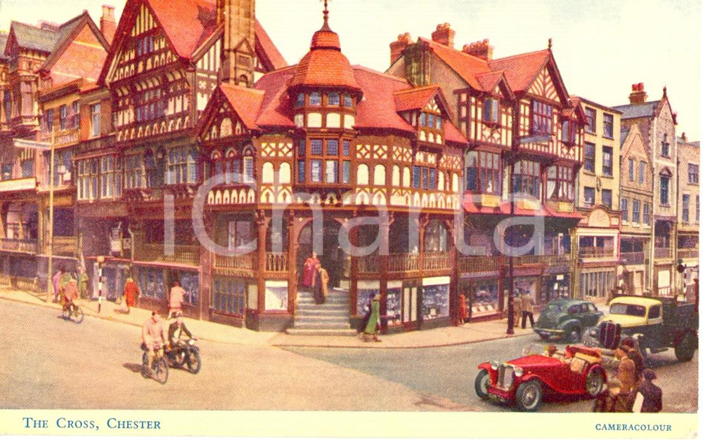 Cartolina originale da collezione 1955 CHESTER UK The Cross  AUTO D EPOCA Cartolina ANIMATA FP VG 1