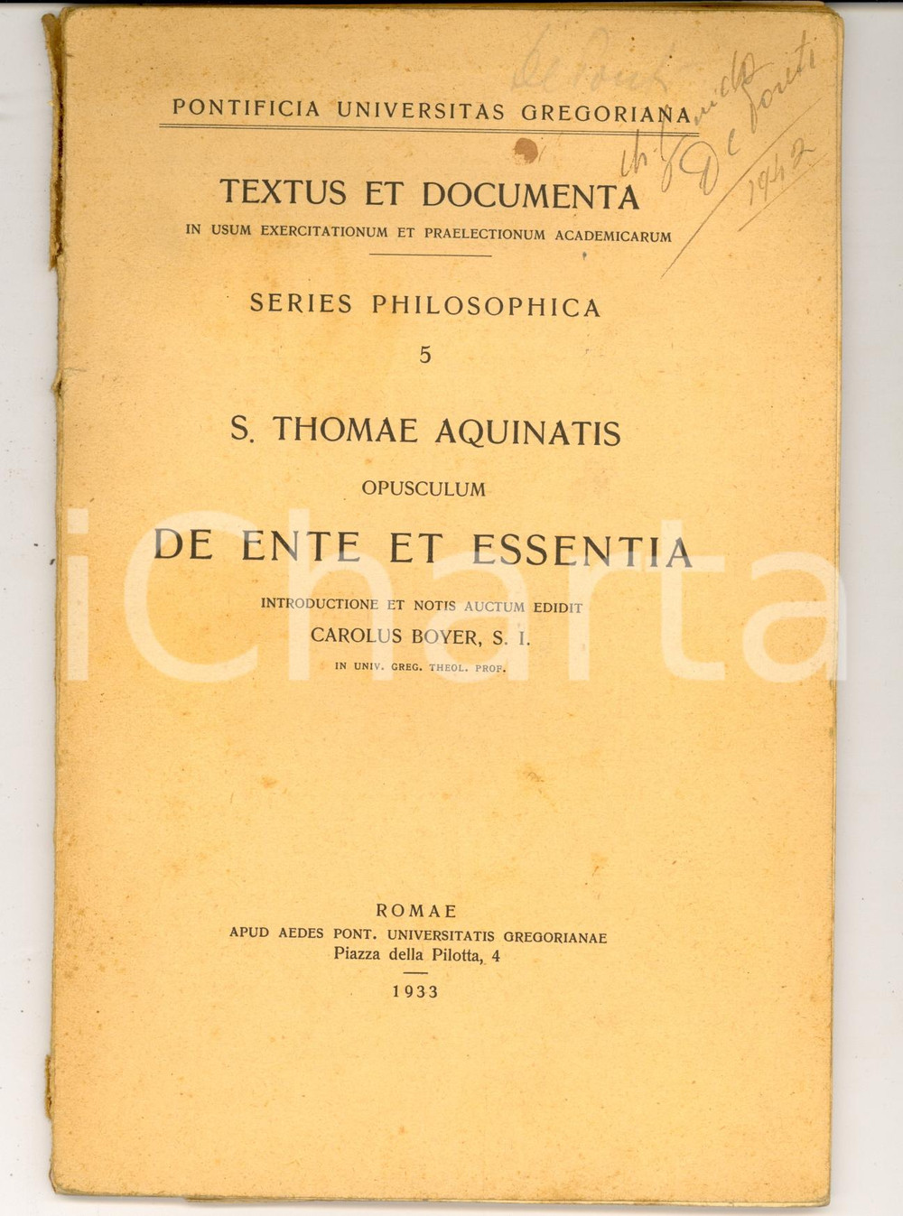 Libro, pubblicazione d epoca 1933 S. THOMAE AQUINATIS De ente et essentia Pontificia Universitas Gregoriana 1