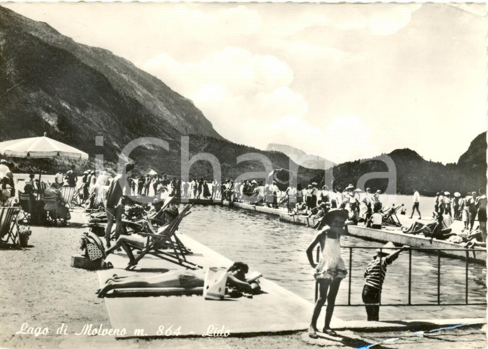 Cartolina originale da collezione 1965 MOLVENO TN Veduta del lido Cartolina animata da bagnanti FG VG 1