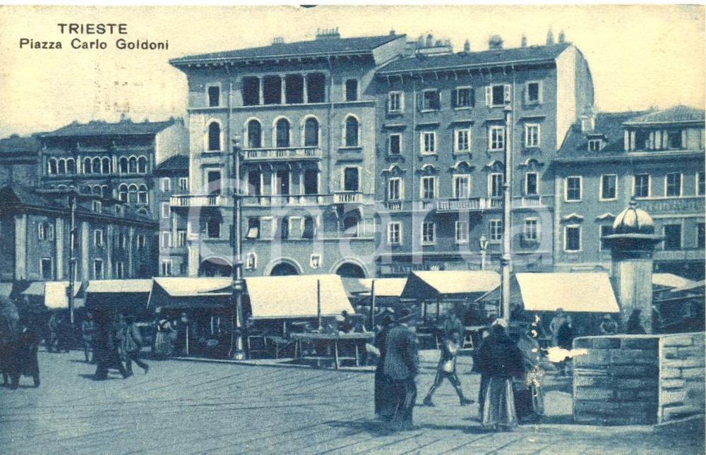 Cartolina originale da collezione 1925 TRIESTE Piazza C. Goldoni Cartolina animata da persone e bancarelle FP VG 1