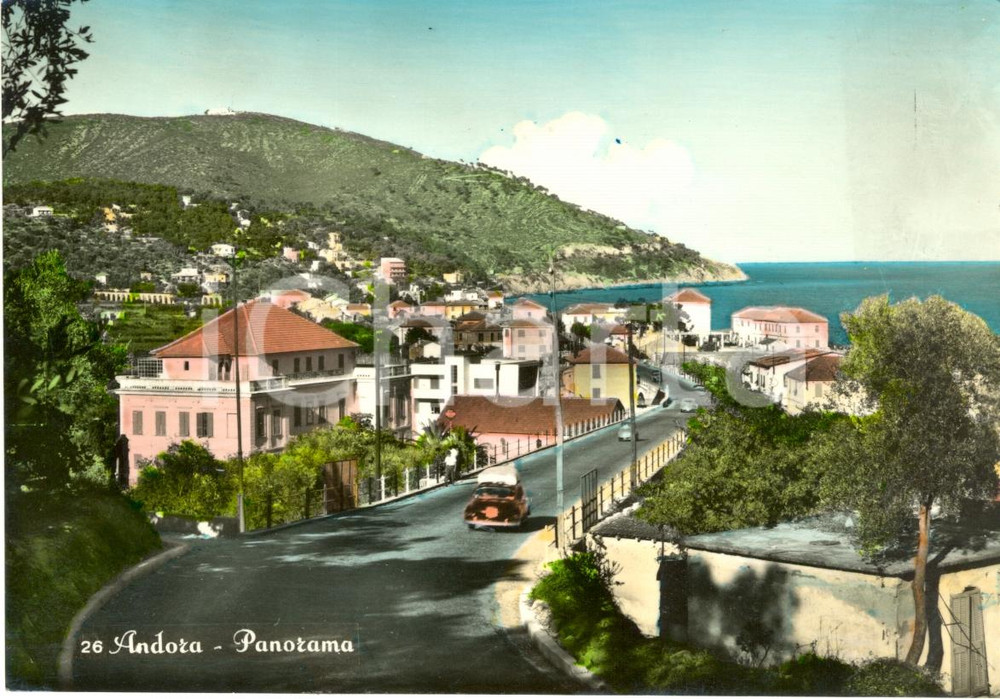 Cartolina originale da collezione 1956 ANDORA SV Panorama con automobili  Cartolina postale FG VG 1
