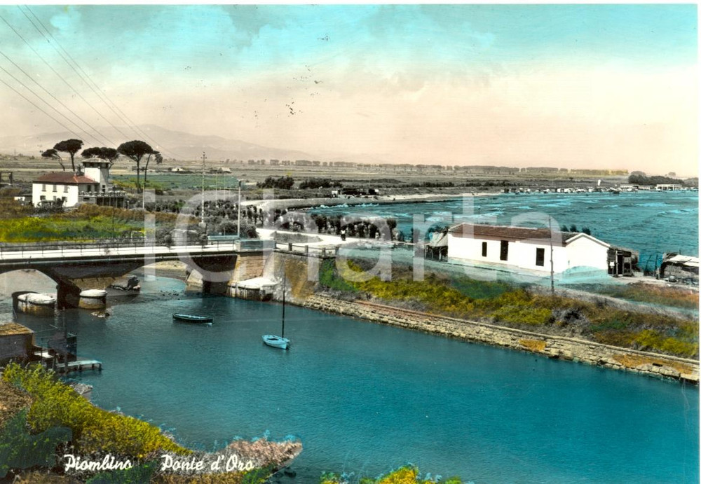 Cartolina originale da collezione 1958 PIOMBINO LI Veduta del Ponte d Oro Cartolina animata da barche FG VG 1