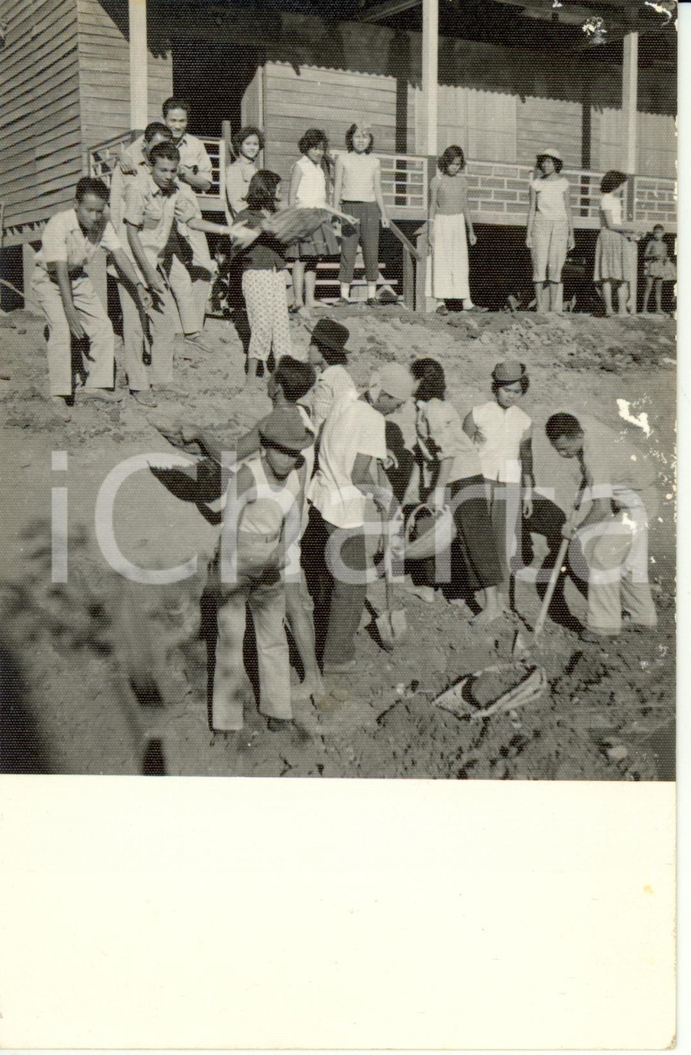 Fotografia d epoca originale 1955 ca CAMBOGIA Alunni lavorano per costruire scuola Foto 14 x 9 cm 1