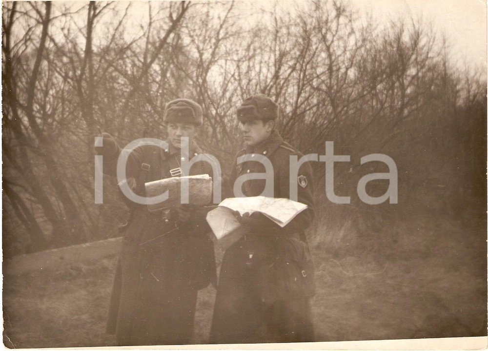 Fotografia d epoca originale 1950 ca URSS Militari dell ARMATA ROSSA leggono mappe durante esercitazione FOTO 1