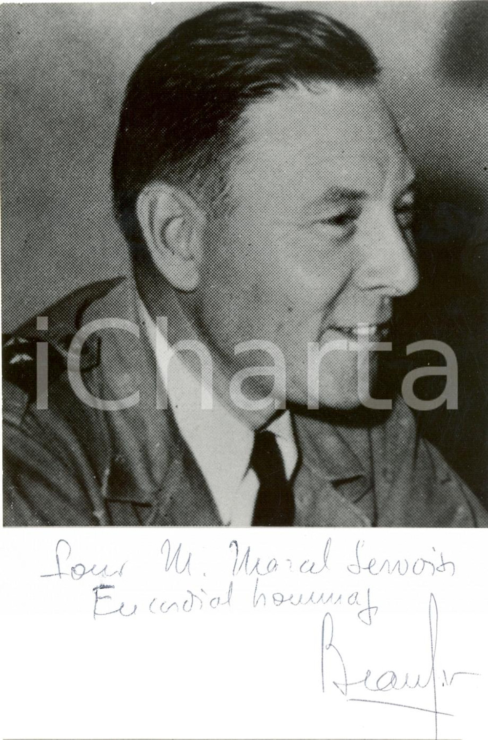 Autografo originale 1950 ca AndrÃ© BAUFRE Fotografia AUTOGRAFA del generale francese 1