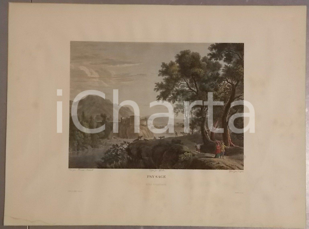 Stampa, bozzetto originale 1860 ca GENILLON Paysage Ecole hollandaise STAMPA COLORATA A MANO 55x41 cm 1