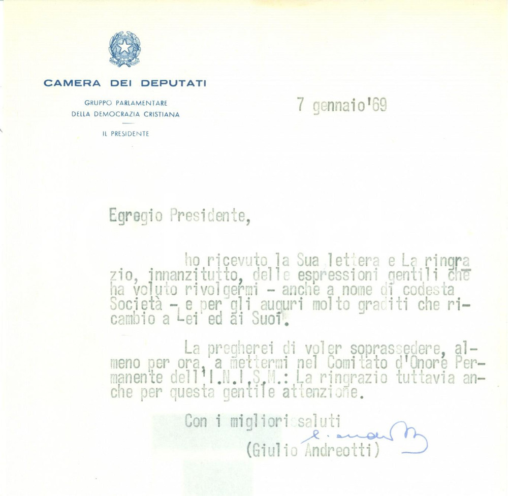 Autografo originale 1969 ROMA Giulio ANDREOTTI rifiuta nomina al Comitato d Onore INISM AUTOGRAFO 1