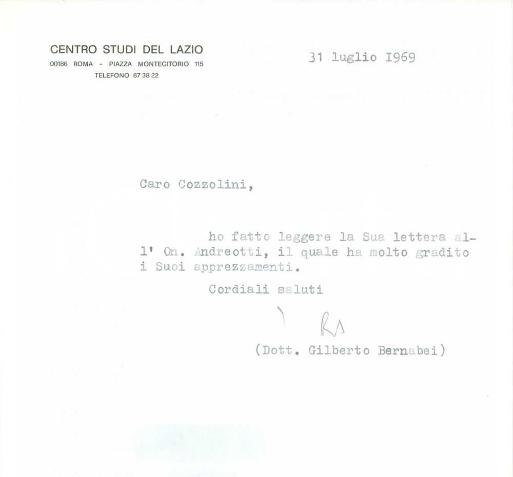 Autografo originale 1969 ROMA DC Gilberto BERNABEI passa lettere a Giulio ANDREOTTI AUTOGRAFO 1