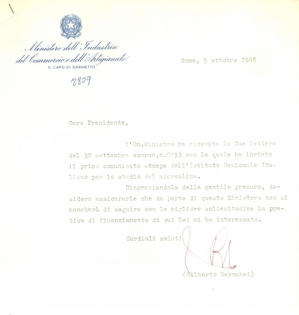 Autografo originale 1968 ROMA Gilberto BERNABEI riceve comunicato stampa INISM Lettera AUTOGRAFA 1