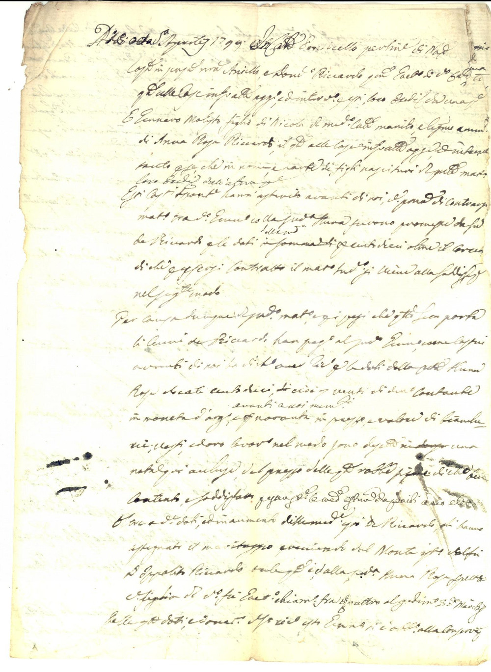 Documento originale, autentico 1799 NAPOLI Aniello e Domenico RICCARDO pagano la dote della sorella Anna 1