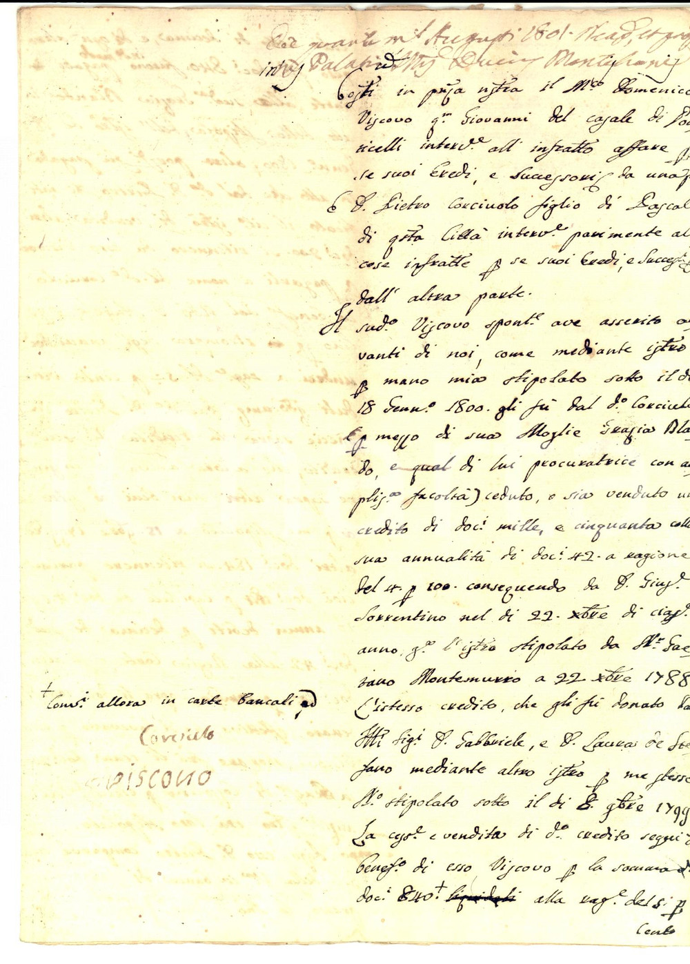 Documento originale, autentico 1801 NAPOLI Domenico VISCOVO vende credito su Giuseppe SORRENTINO Manoscritto 1
