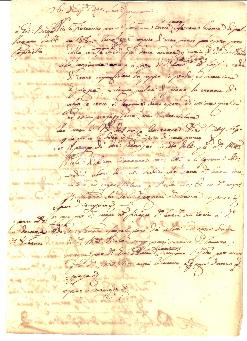 Documento originale, autentico 1749 SORRENTO Nicola FIORENTINO costruisce peschereccio con legna di qualitÃ  1